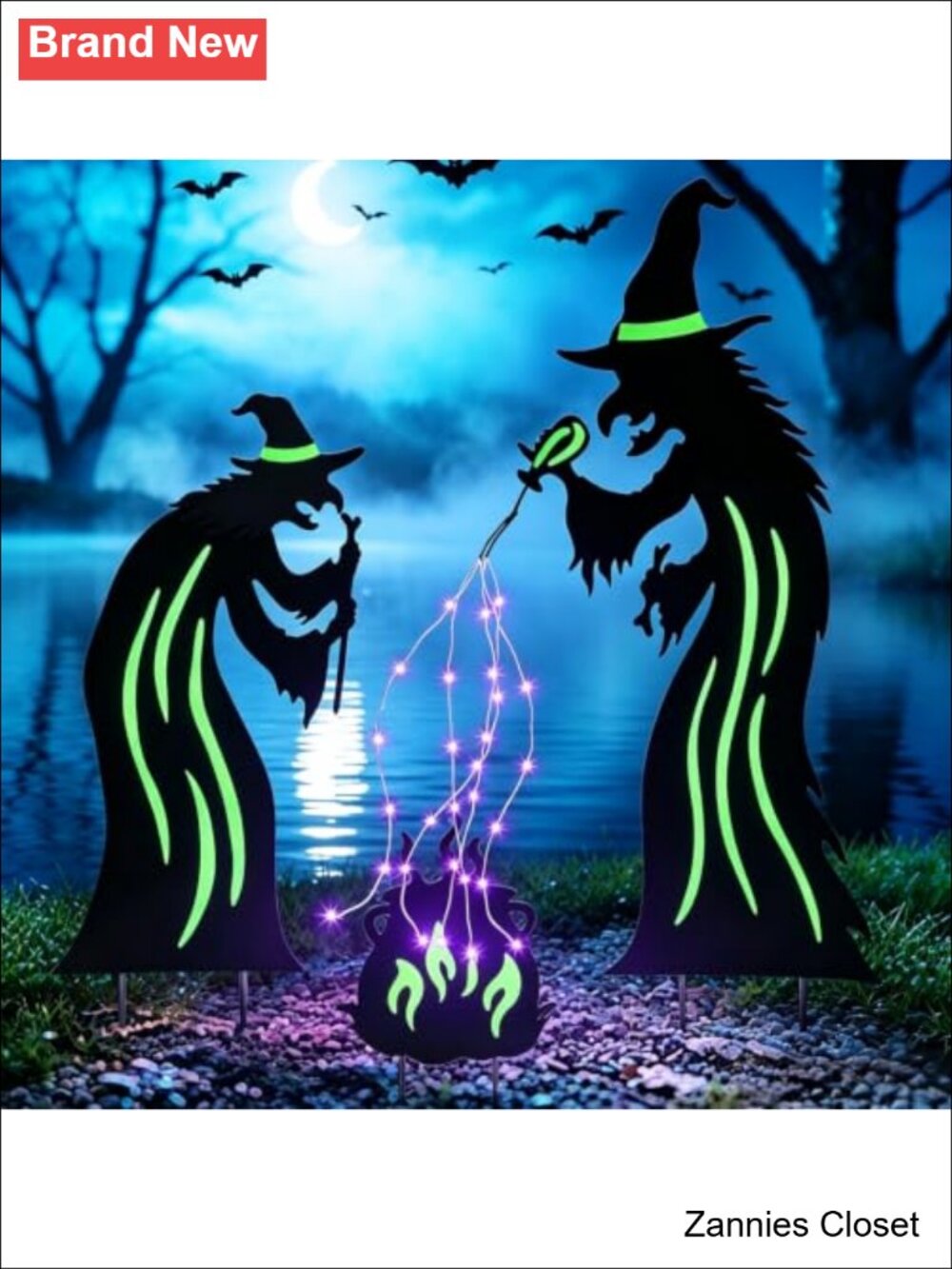 👻 3 Pack Metal Witch Yard Stakes Solar Purple LED Glow in the Dark Halloween